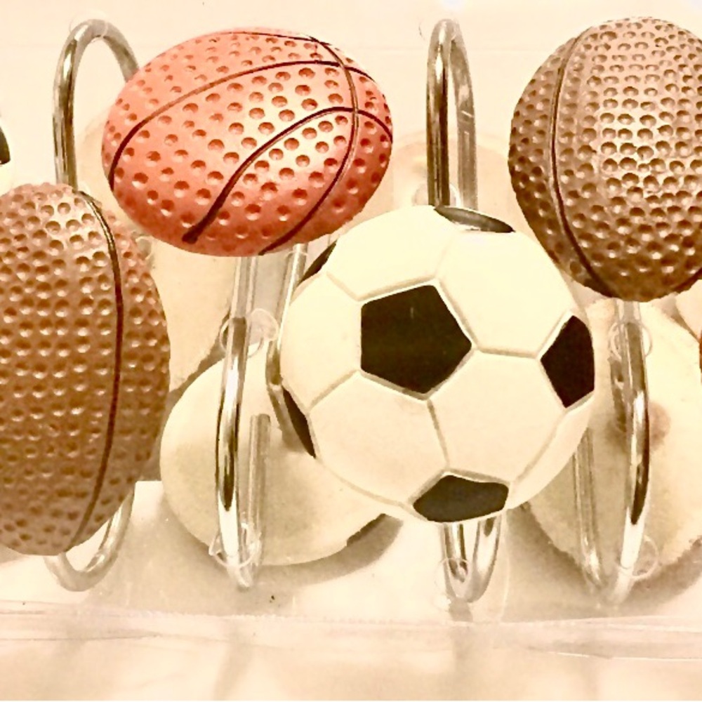 Kids Sports Ball Shower Curtain Hooks - White Soccer & Brown Basketball